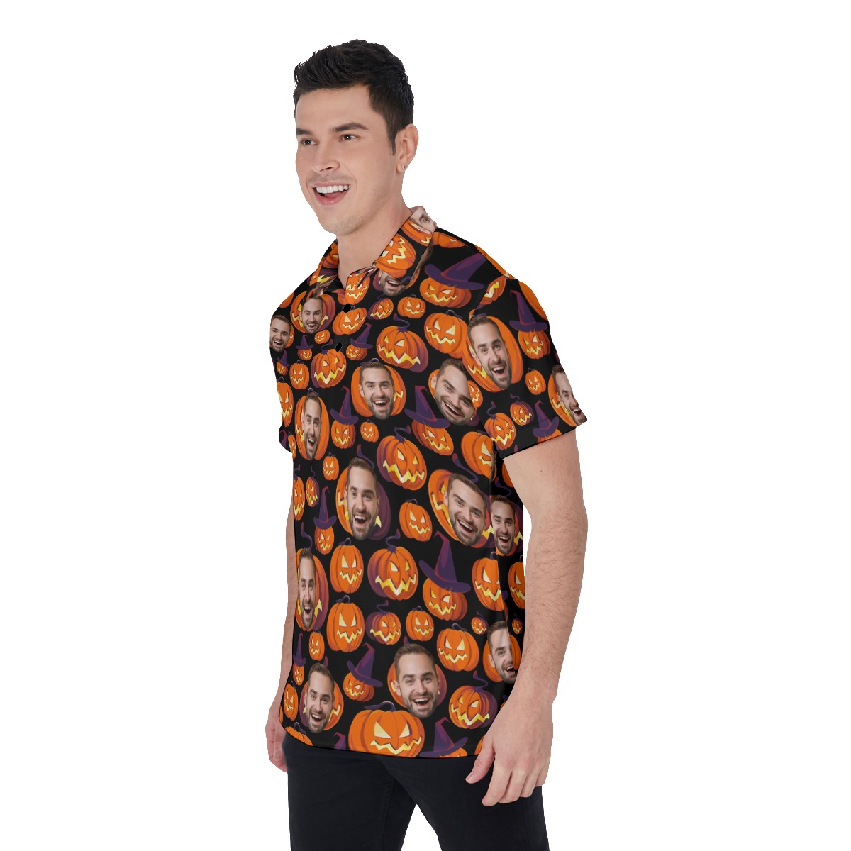 Custom Face Scary Halloween Pumpkin Hawaiian Polo Shirt For Men