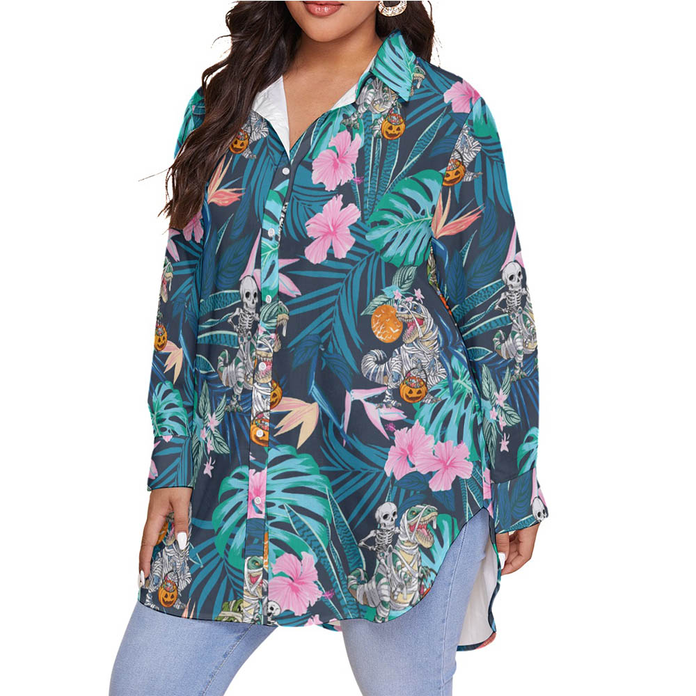 Funny Mummy Dinosaur Halloween Hawaiian Plus Size Shirt For Women