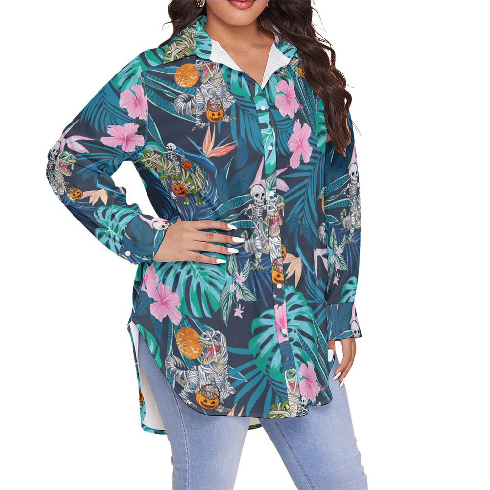 Funny Mummy Dinosaur Halloween Hawaiian Plus Size Shirt For Women