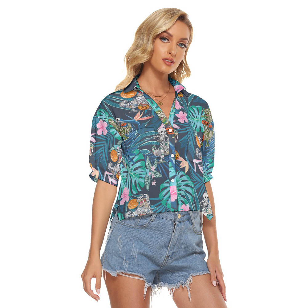 Halloween Dinosaur Mummy Tropical Hawaiian Cropped Shirt For Women