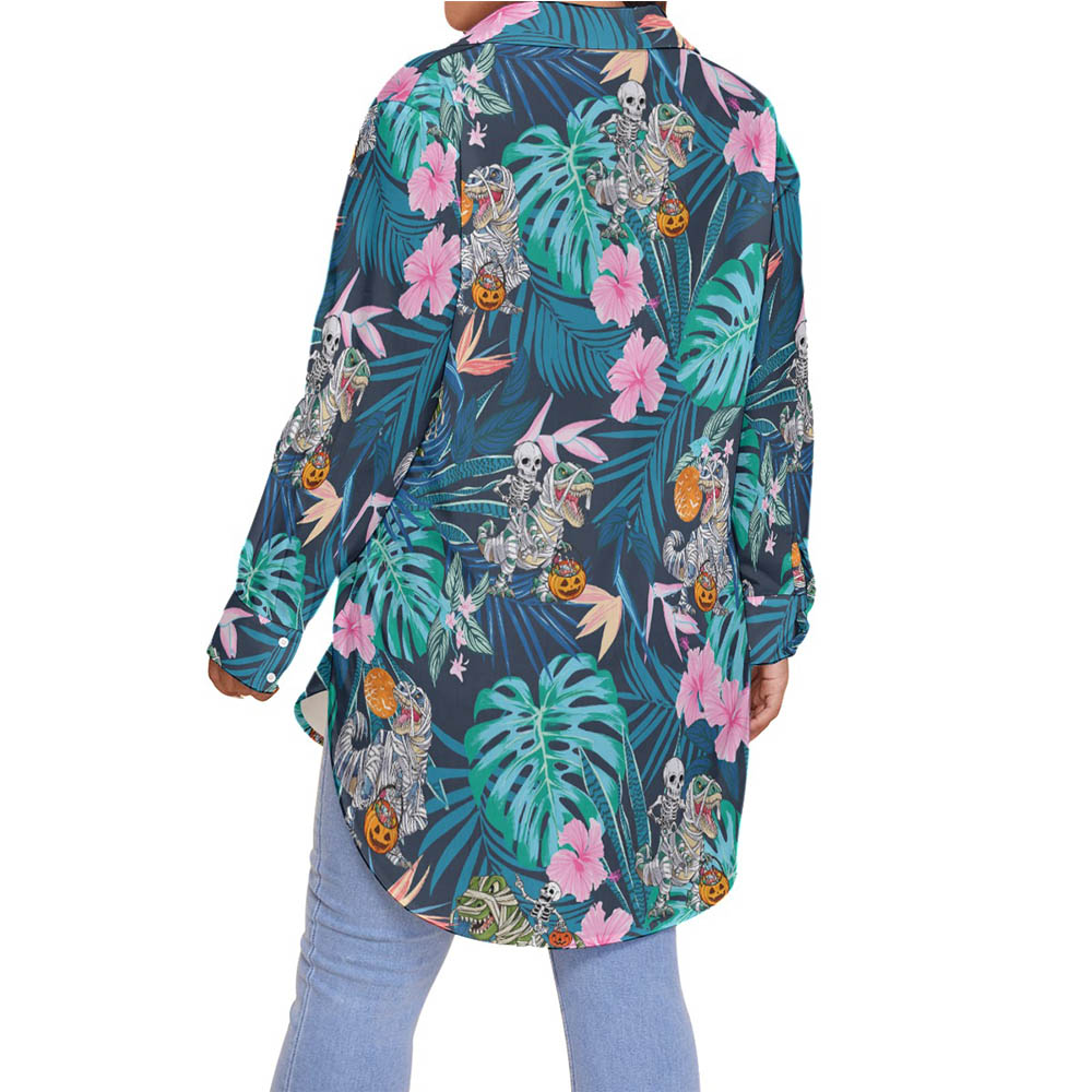 Funny Mummy Dinosaur Halloween Hawaiian Plus Size Shirt For Women