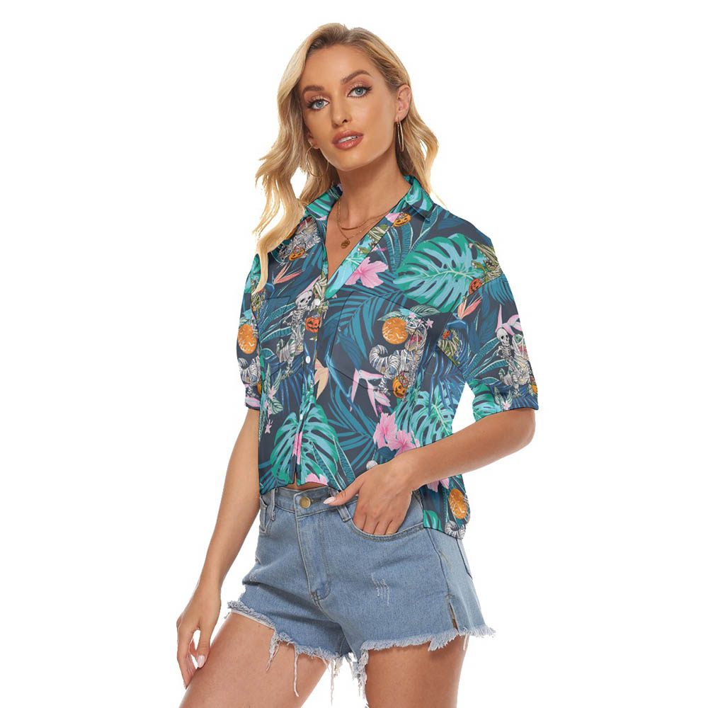 Halloween Dinosaur Mummy Tropical Hawaiian Cropped Shirt For Women