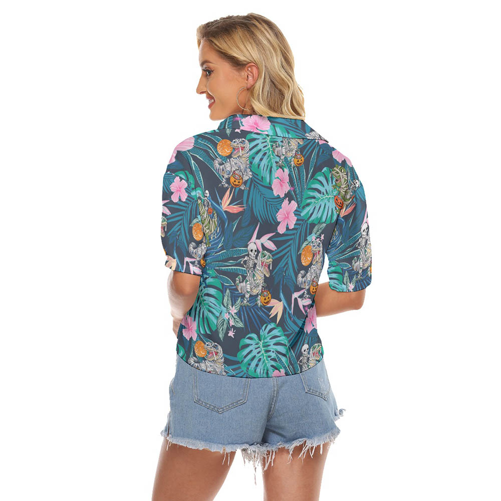 Halloween Dinosaur Mummy Tropical Hawaiian Cropped Shirt For Women