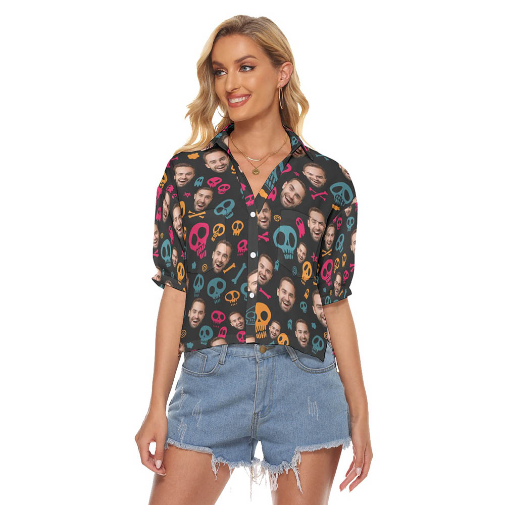 Halloween Skull Custom Face Hawaiian Cropped Shirt For Women - variant image 1