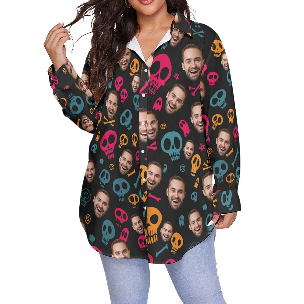 Custom Face Halloween Skull Hawaiian Blouse Shirt For Women - variant image 1