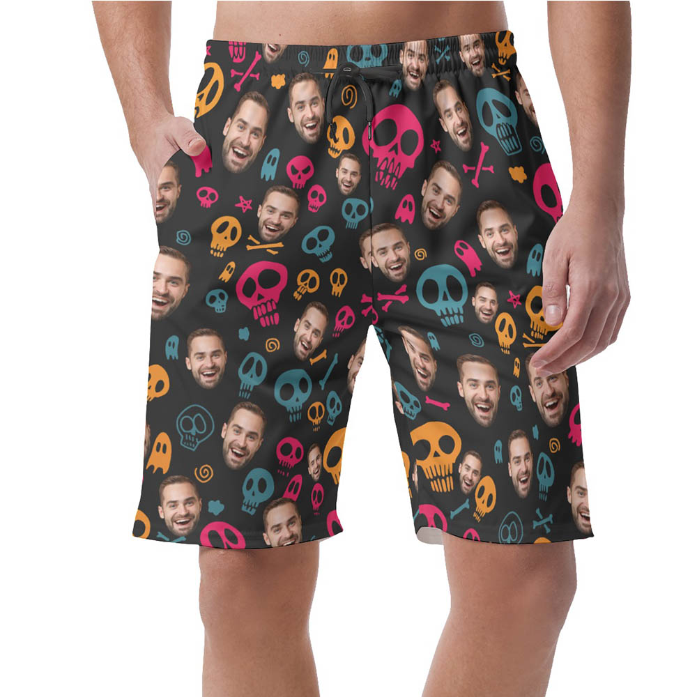 Funny Halloween Skull Custom Face Hawaiian Beach Shorts For Men - variant image 1