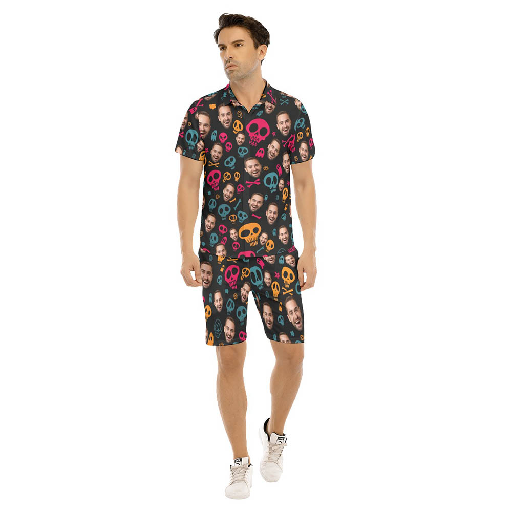 Set Custom Face Halloween Skull Hawaiian Shirt And Shorts For Men - variant image 1