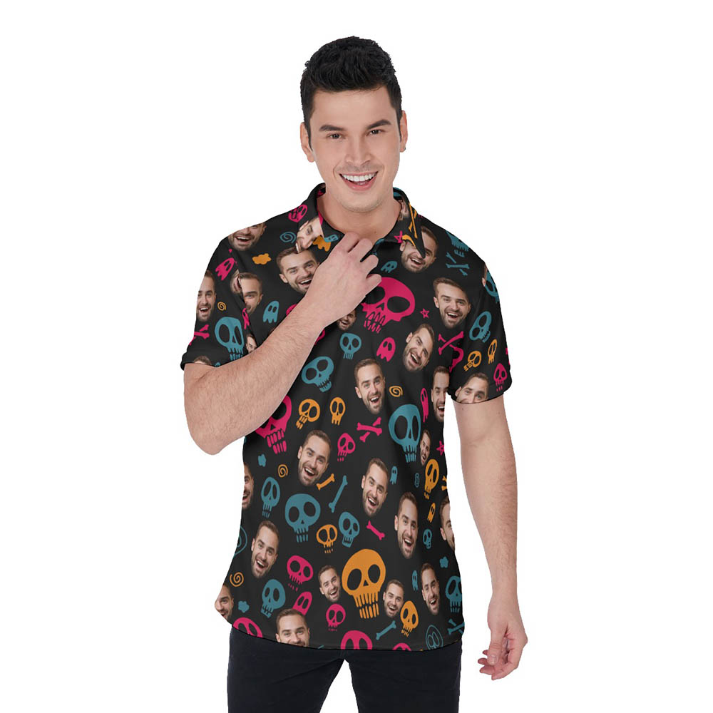 Halloween Skull Hawaiian Polo Golf Shirt With Custom Face - variant image 1