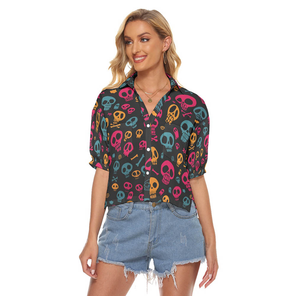 Halloween Skull Hawaiian Crop Top Shirt For Women - variant image 1