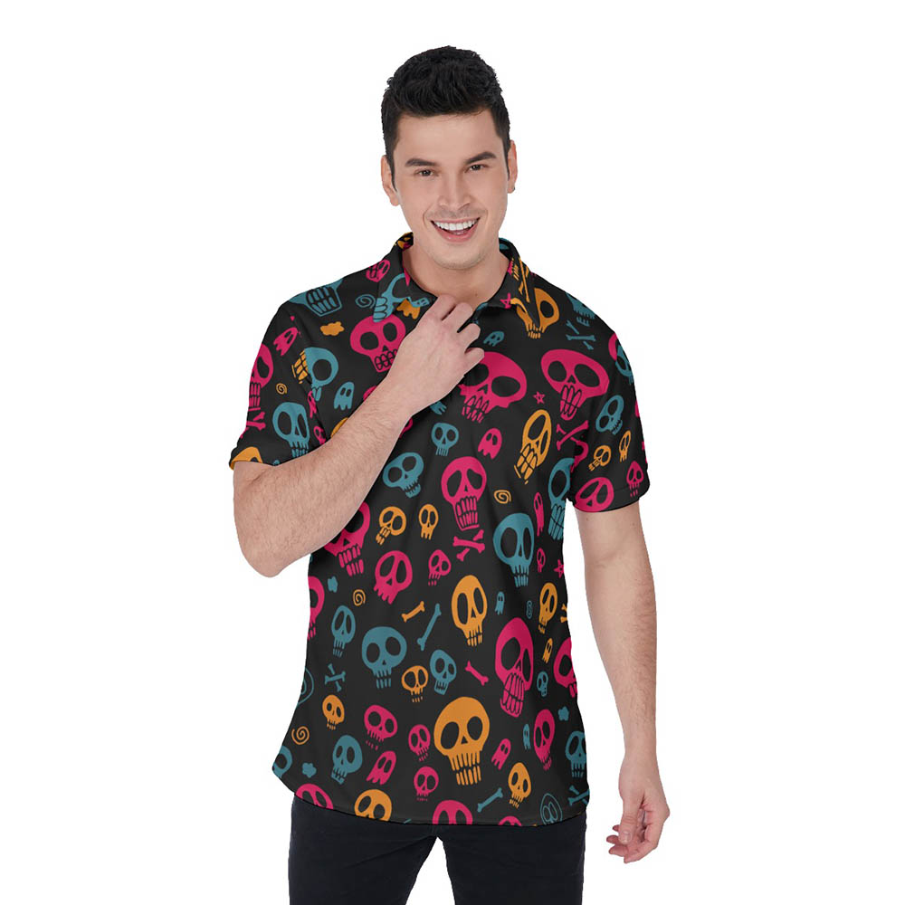Colorful Halloween Skull Hawaiian Polo Golf Shirt - variant image 1