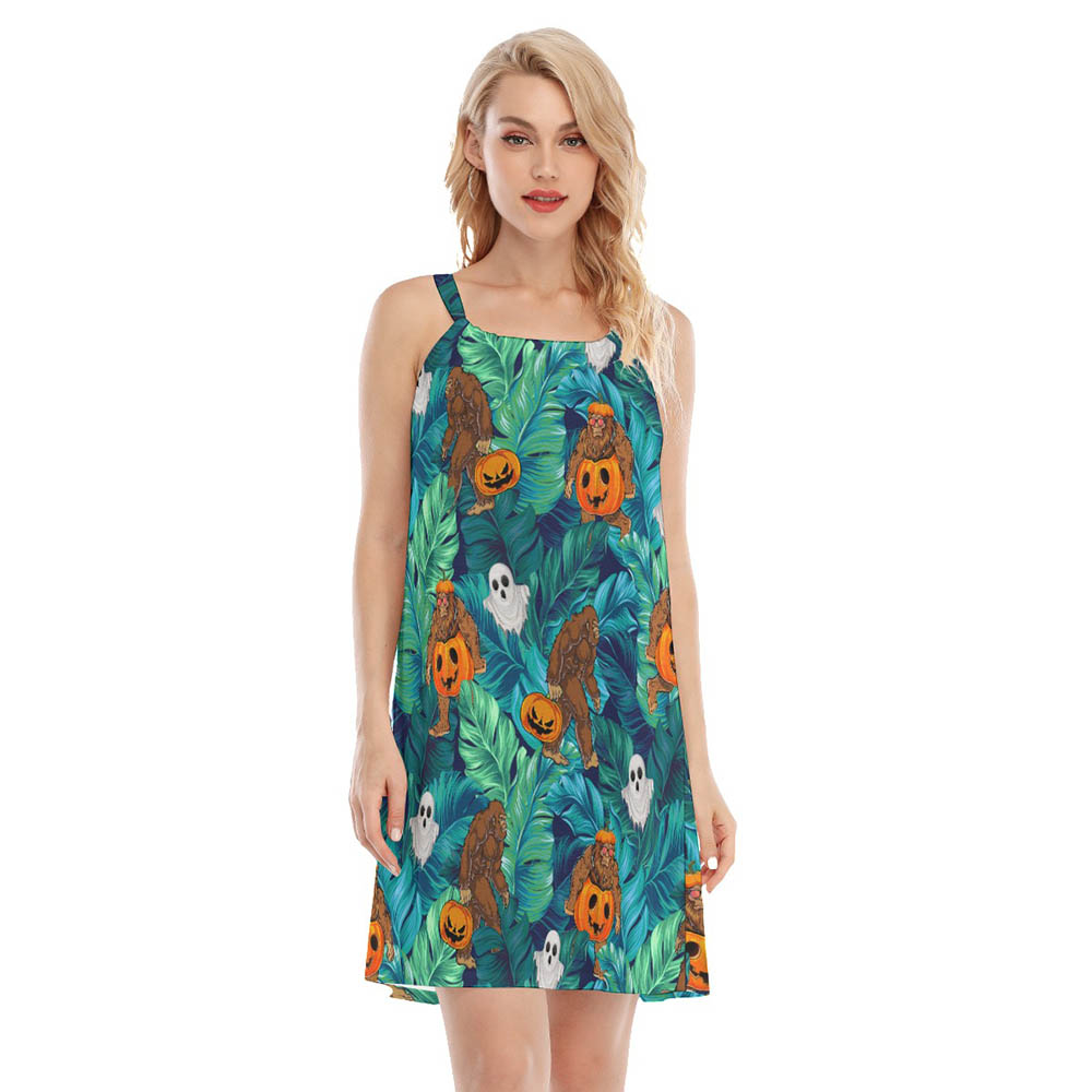 Bigfoot Halloween Pumpkin Tropical Hawaiian Cami Dress For Women - variant image 1