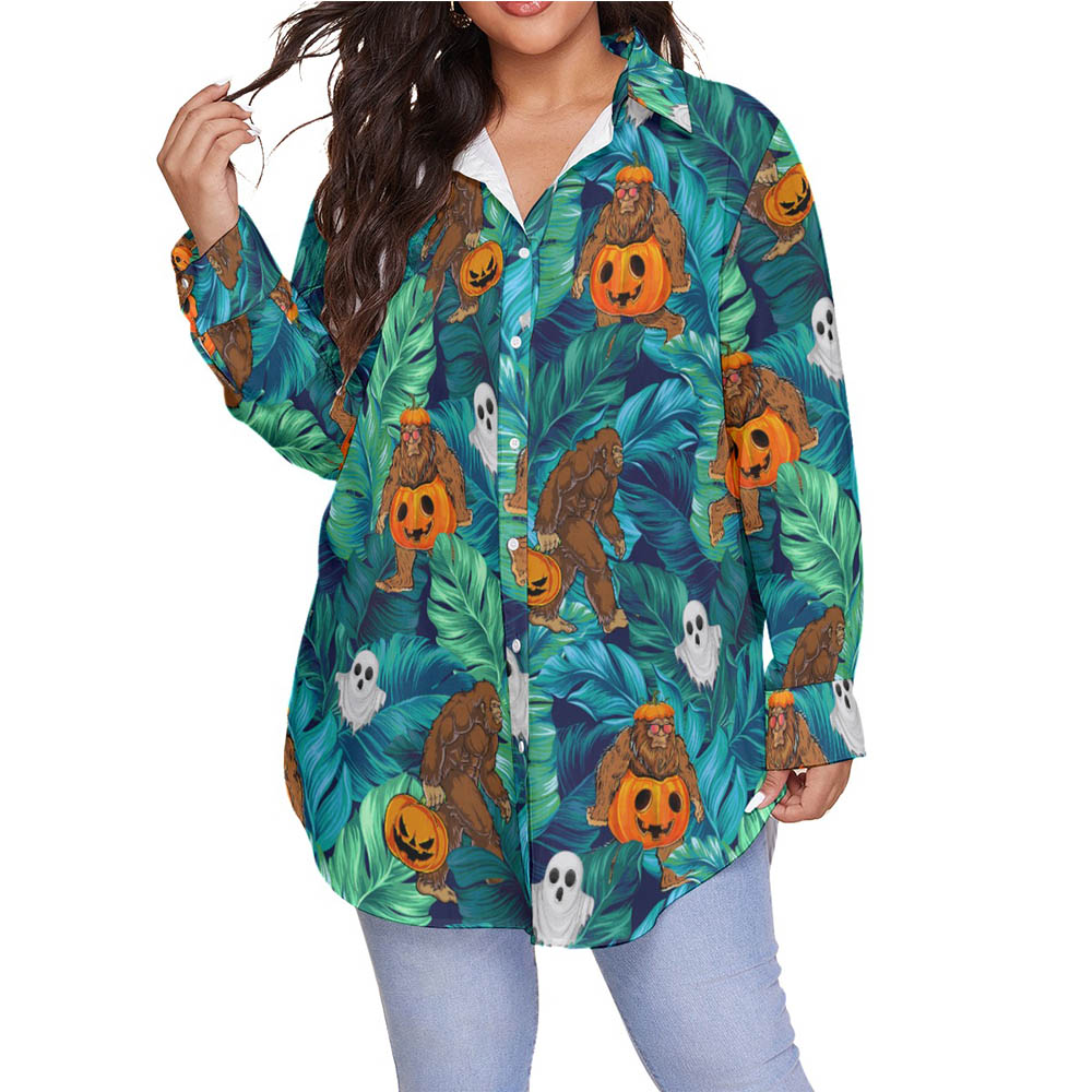 Tropical Sasquatch Halloween Pumpkin Hawaiian Plus Size Shirt For Women - variant image 1