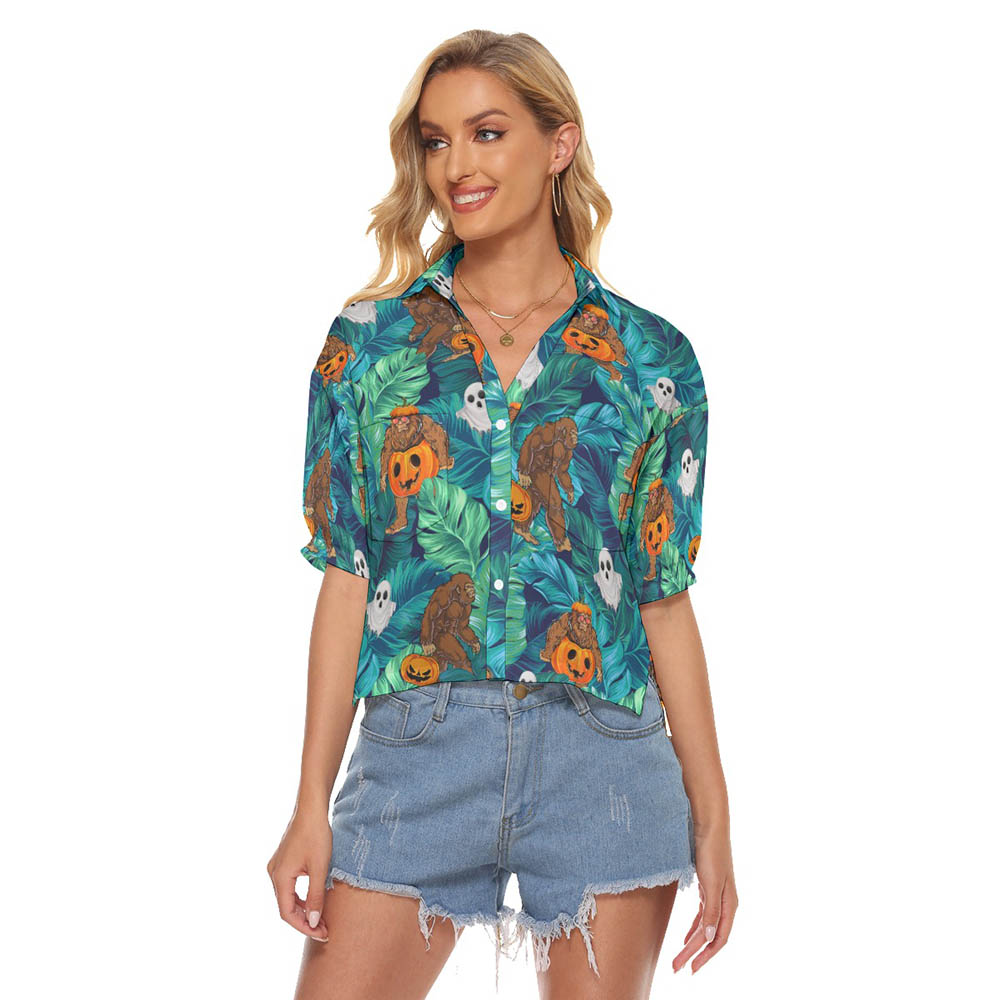 Bigfoot Halloween Pumpkin Hawaiian Crop Top Shirt For Women - variant image 1