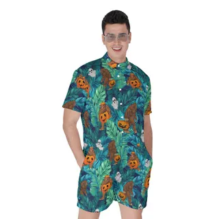 Tropical Bigfoot Jack O' Lantern Halloween Pumpkin Hawaiian Romper For Men