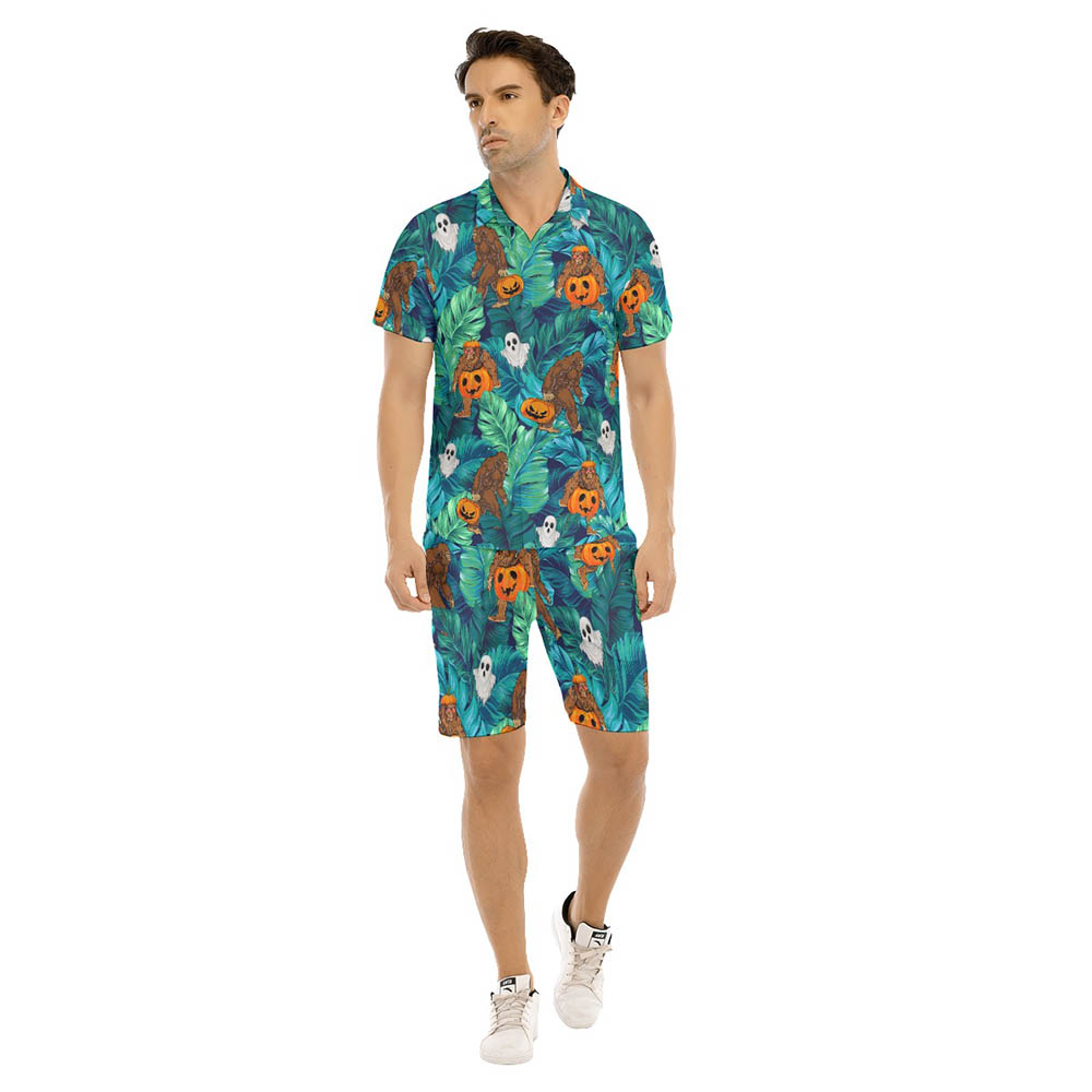 Set Halloween Sasquatch Pumpkin Hawaiian Shirt And Matching Shorts For Men - variant image 1