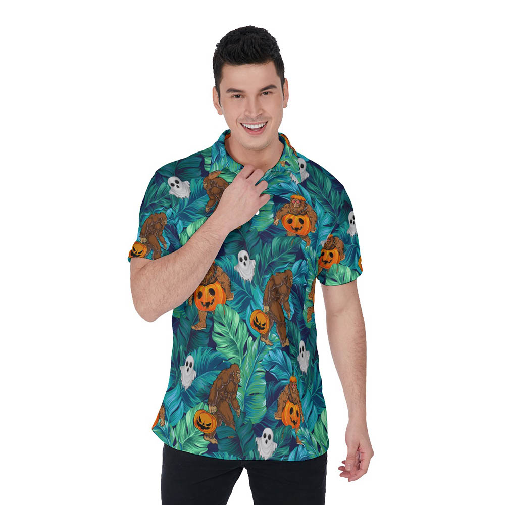 Bigfoot Pumpkin Halloween Hawaiian Polo Shirt For Men - variant image 1