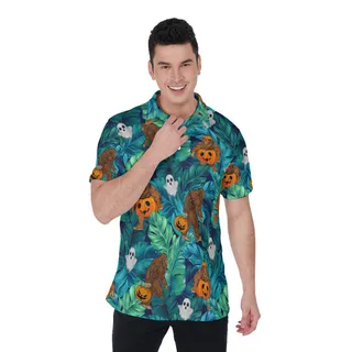 Bigfoot Pumpkin Halloween Hawaiian Polo Shirt For Men