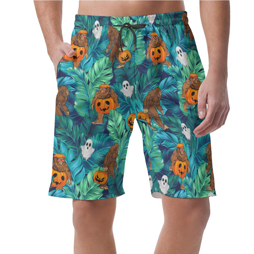 Funny Bigfoot Pumpkin Tropical Halloween Hawaiian Beach Shorts For Men - variant image 1