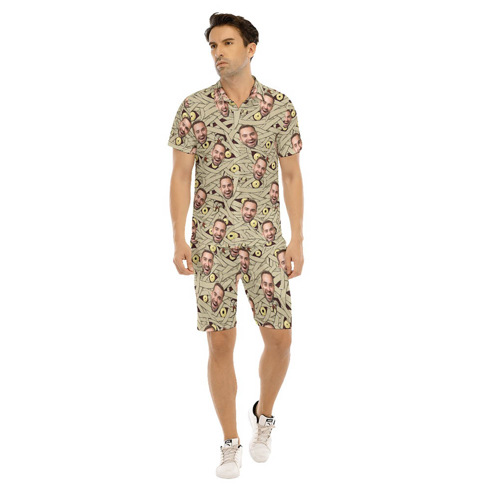 Set Custom Face Halloween Mummy Hawaiian Shirt And Shorts For Men - variant image 1