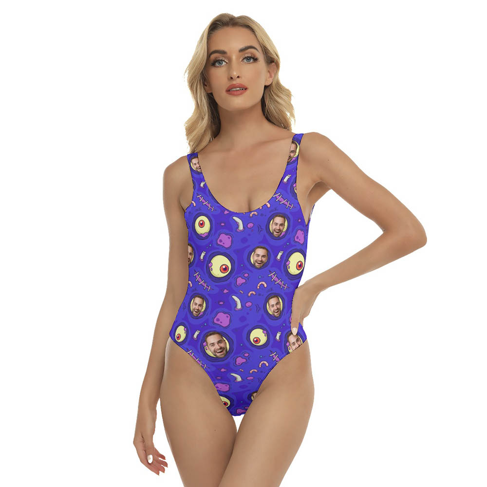 Funny Custom Face Halloween Purple Hawaiian Swimsuit For Women - variant image 1