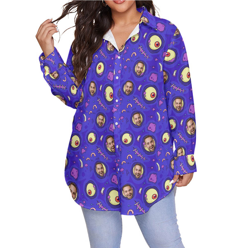 Funny Custom Face Halloween Zombie Skin Purple Hawaiian Plus Size Shirt For Women - variant image 1