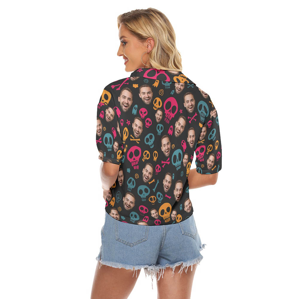 Halloween Skull Custom Face Hawaiian Cropped Shirt For Women