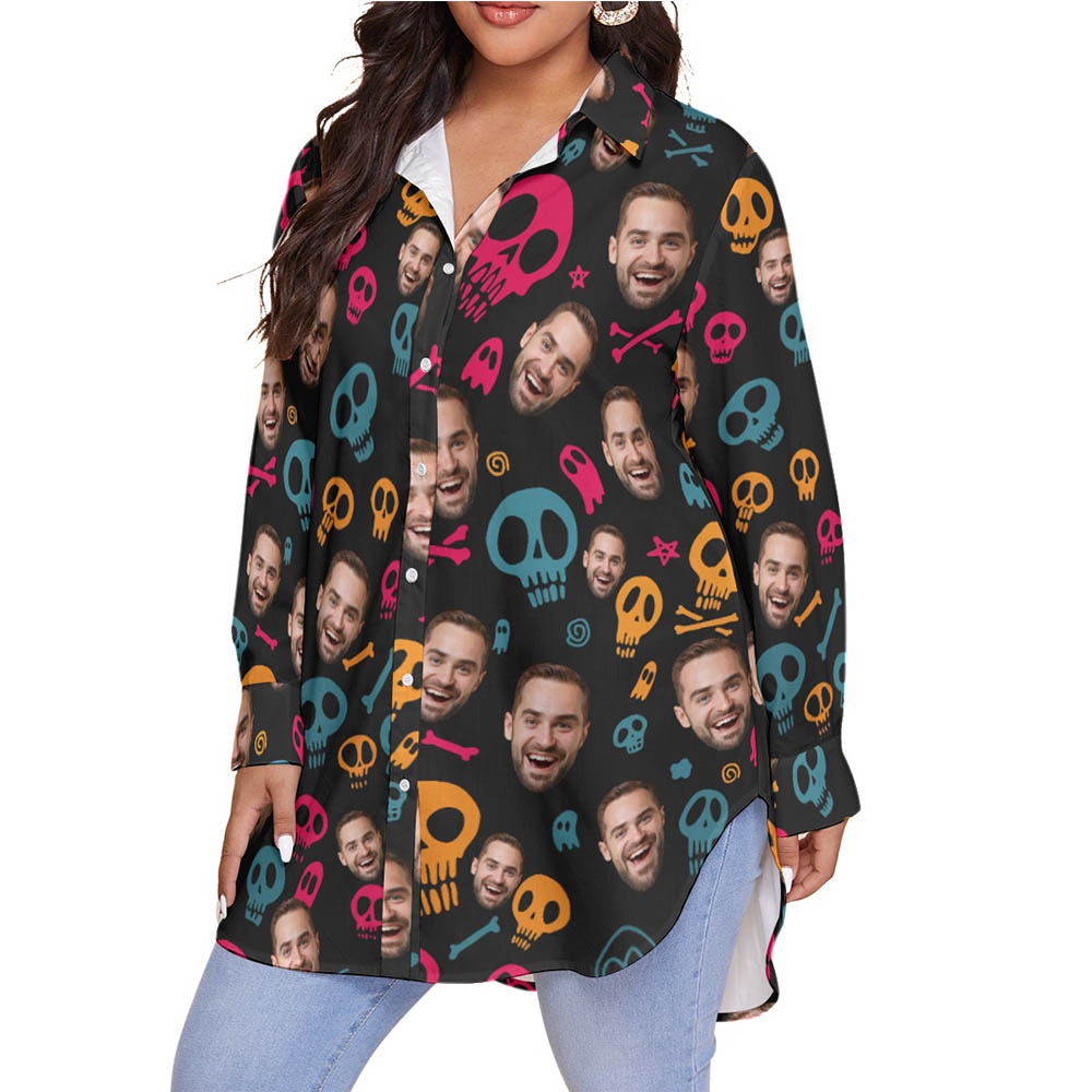 Custom Face Halloween Skull Hawaiian Blouse Shirt For Women