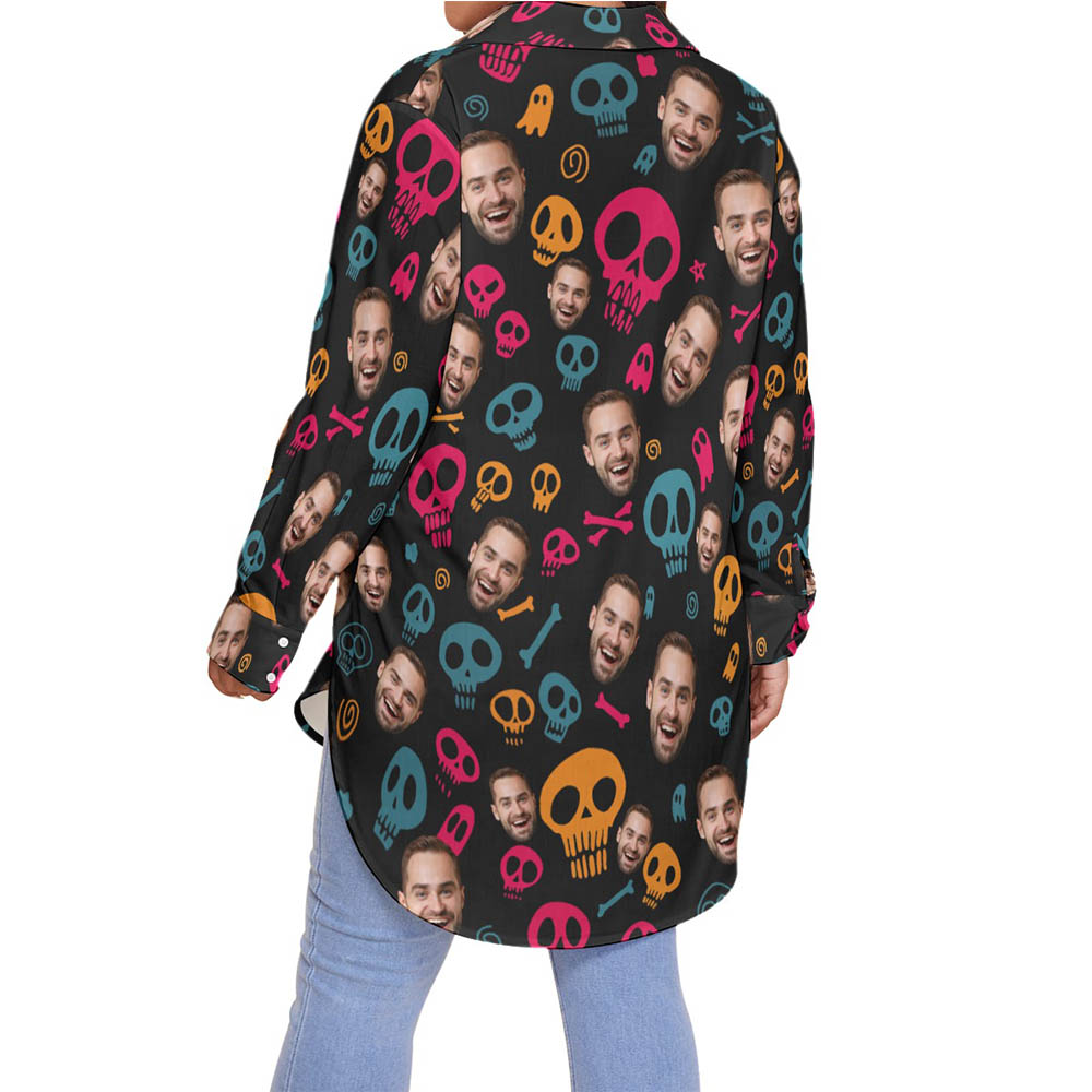Custom Face Halloween Skull Hawaiian Blouse Shirt For Women