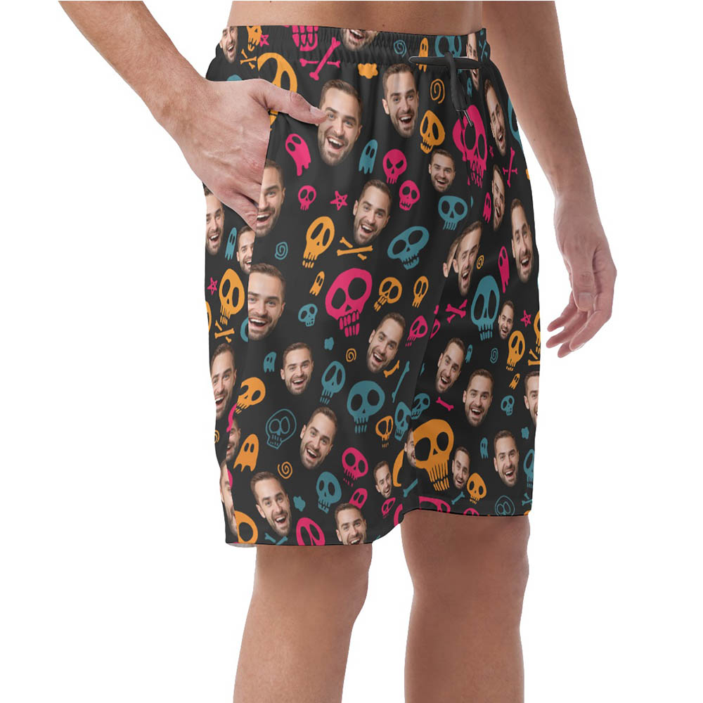 Funny Halloween Skull Custom Face Hawaiian Beach Shorts For Men
