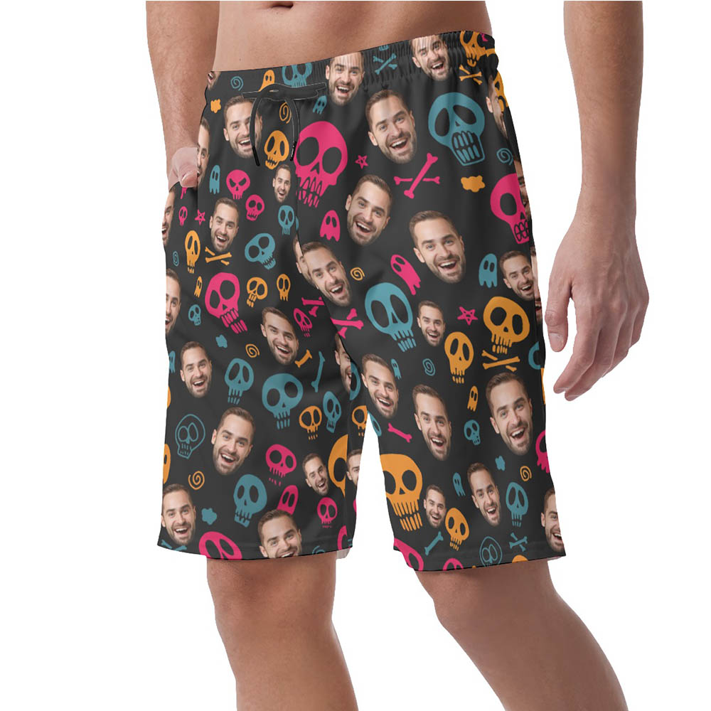 Funny Halloween Skull Custom Face Hawaiian Beach Shorts For Men