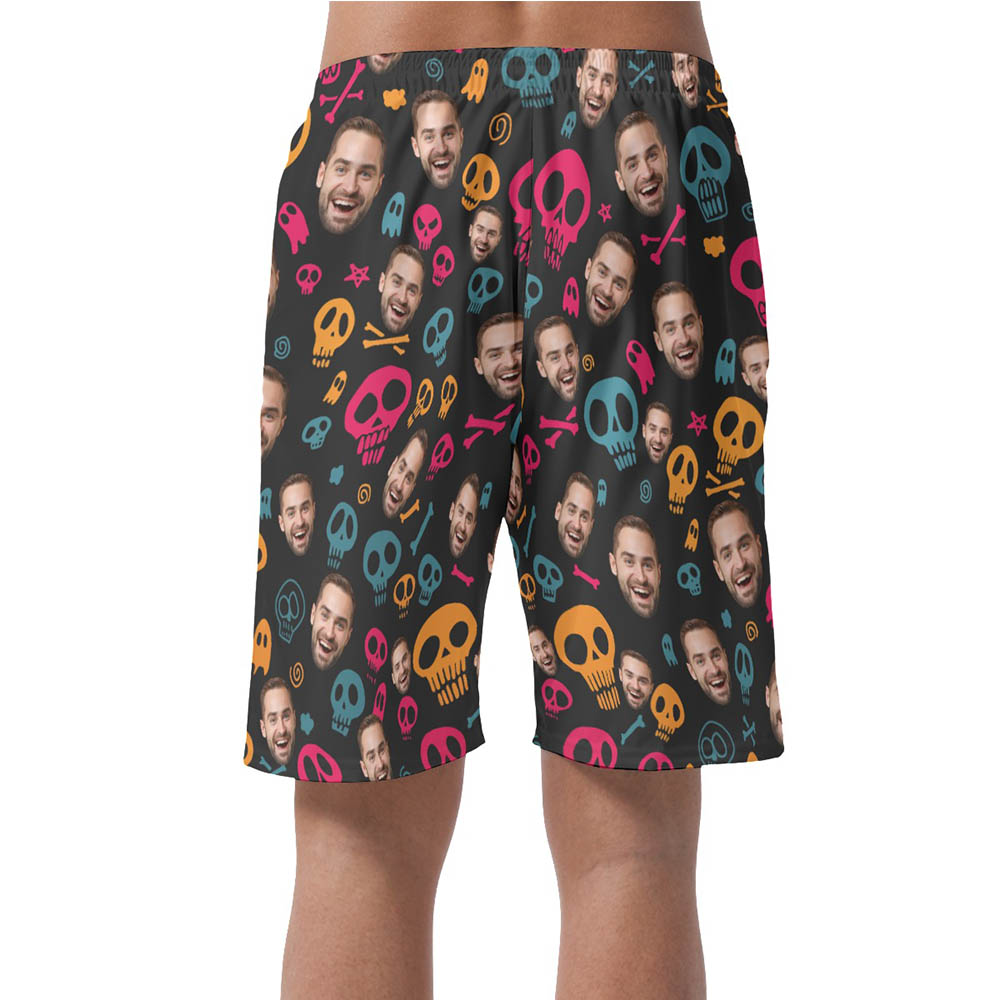 Funny Halloween Skull Custom Face Hawaiian Beach Shorts For Men