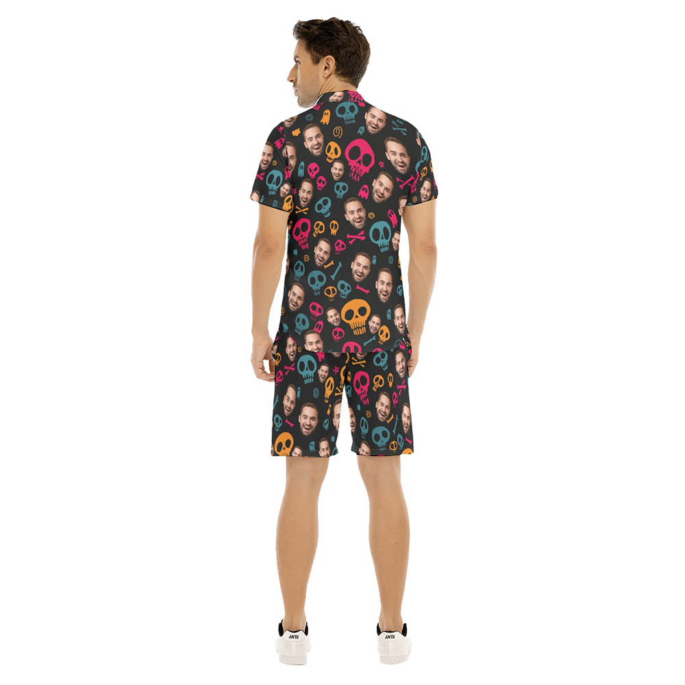 Set Custom Face Halloween Skull Hawaiian Shirt And Shorts For Men