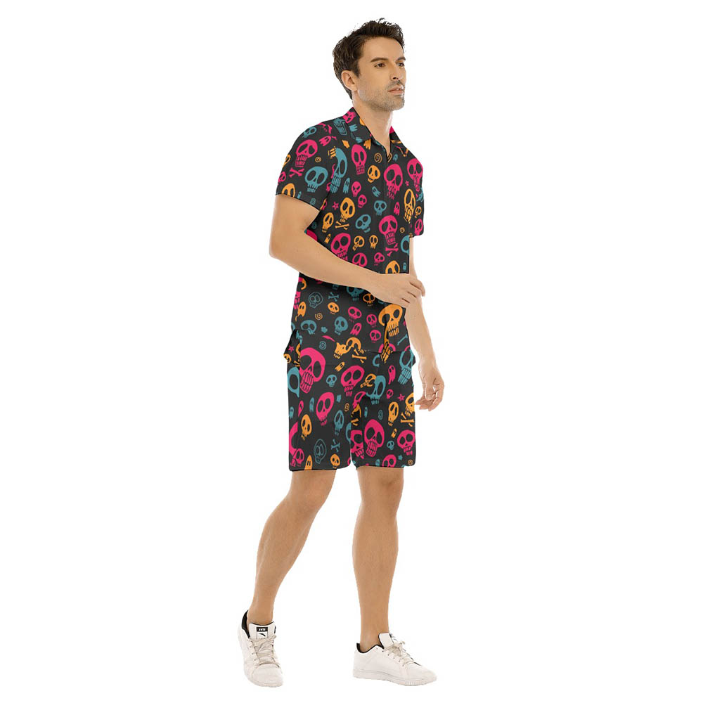 Set Halloween Skull Hawaiian Shirt And Shorts For Men