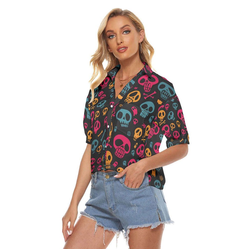 Halloween Skull Hawaiian Crop Top Shirt For Women