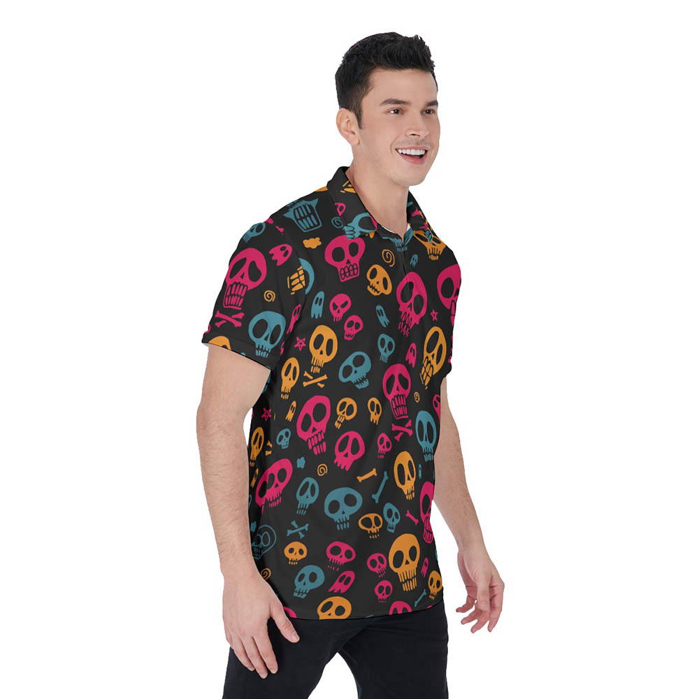Colorful Halloween Skull Hawaiian Polo Golf Shirt