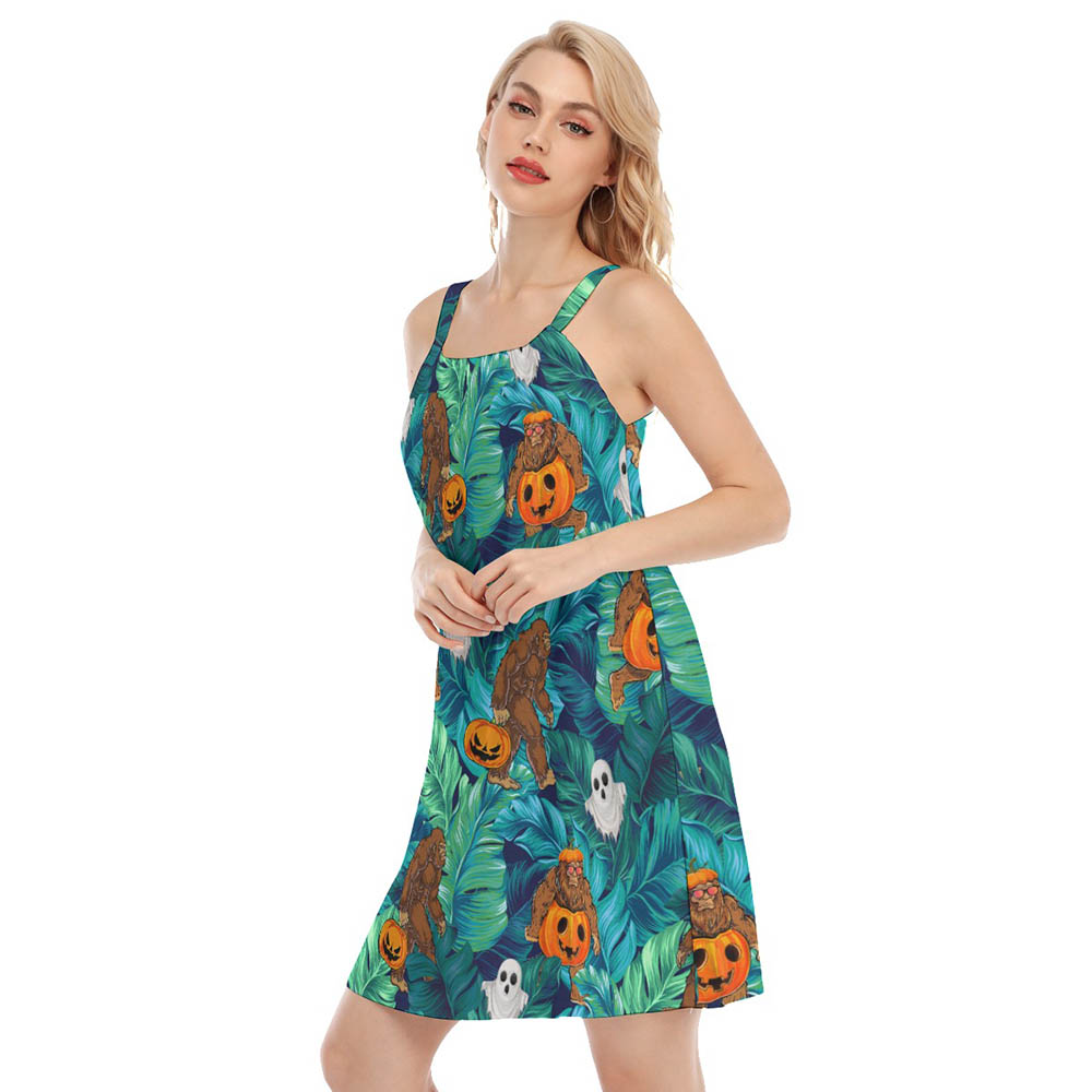 Bigfoot Halloween Pumpkin Tropical Hawaiian Cami Dress For Women