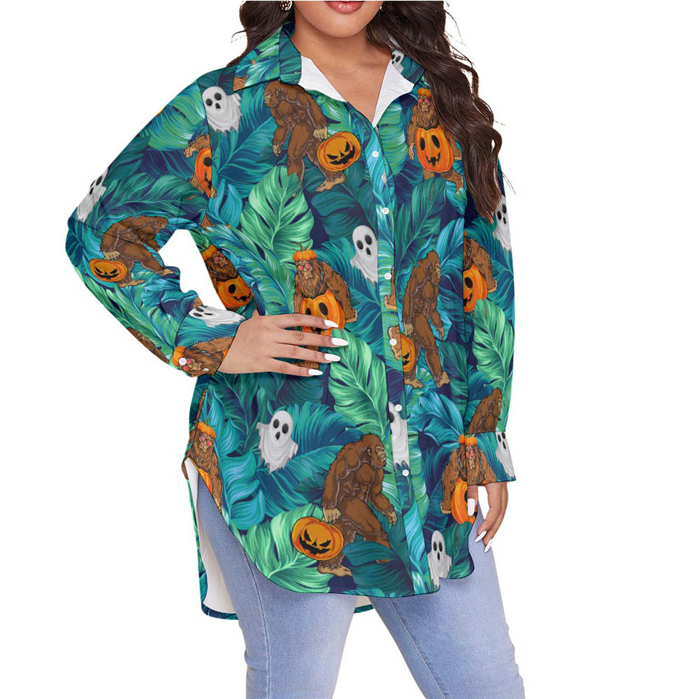 Tropical Sasquatch Halloween Pumpkin Hawaiian Plus Size Shirt For Women