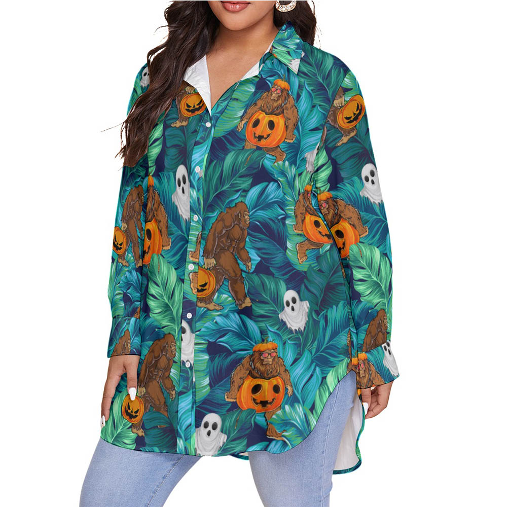 Tropical Sasquatch Halloween Pumpkin Hawaiian Plus Size Shirt For Women