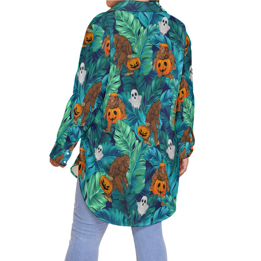Tropical Sasquatch Halloween Pumpkin Hawaiian Plus Size Shirt For Women