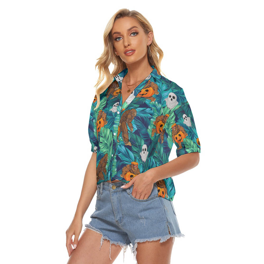 Bigfoot Halloween Pumpkin Hawaiian Crop Top Shirt For Women