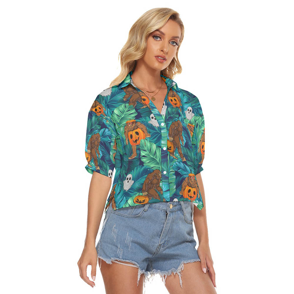Bigfoot Halloween Pumpkin Hawaiian Crop Top Shirt For Women