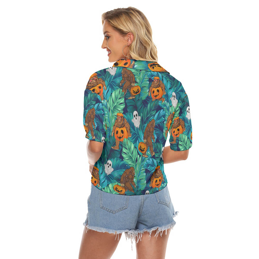 Bigfoot Halloween Pumpkin Hawaiian Crop Top Shirt For Women