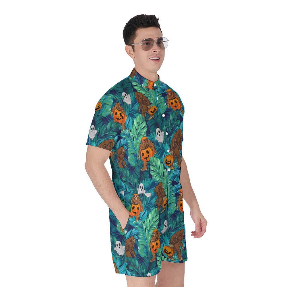 Tropical Bigfoot Jack O' Lantern Halloween Pumpkin Hawaiian Romper For Men