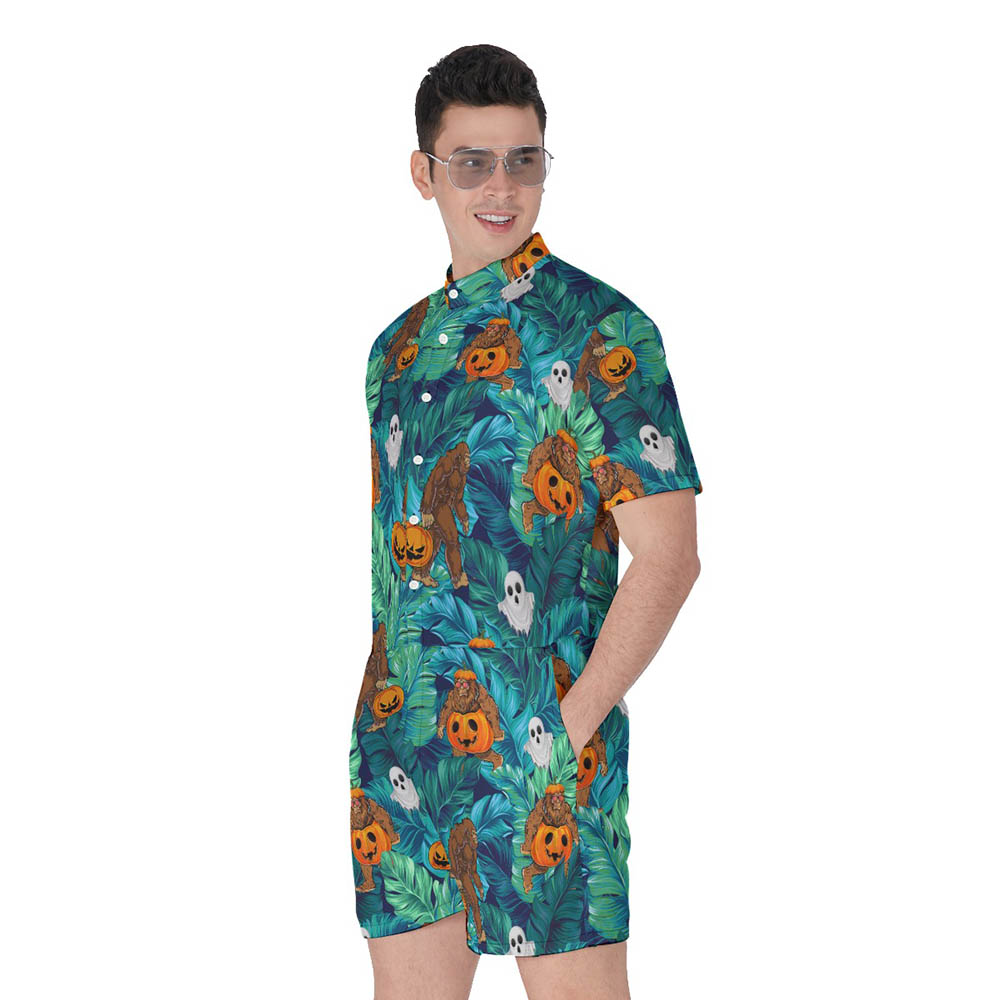 Tropical Bigfoot Jack O' Lantern Halloween Pumpkin Hawaiian Romper For Men