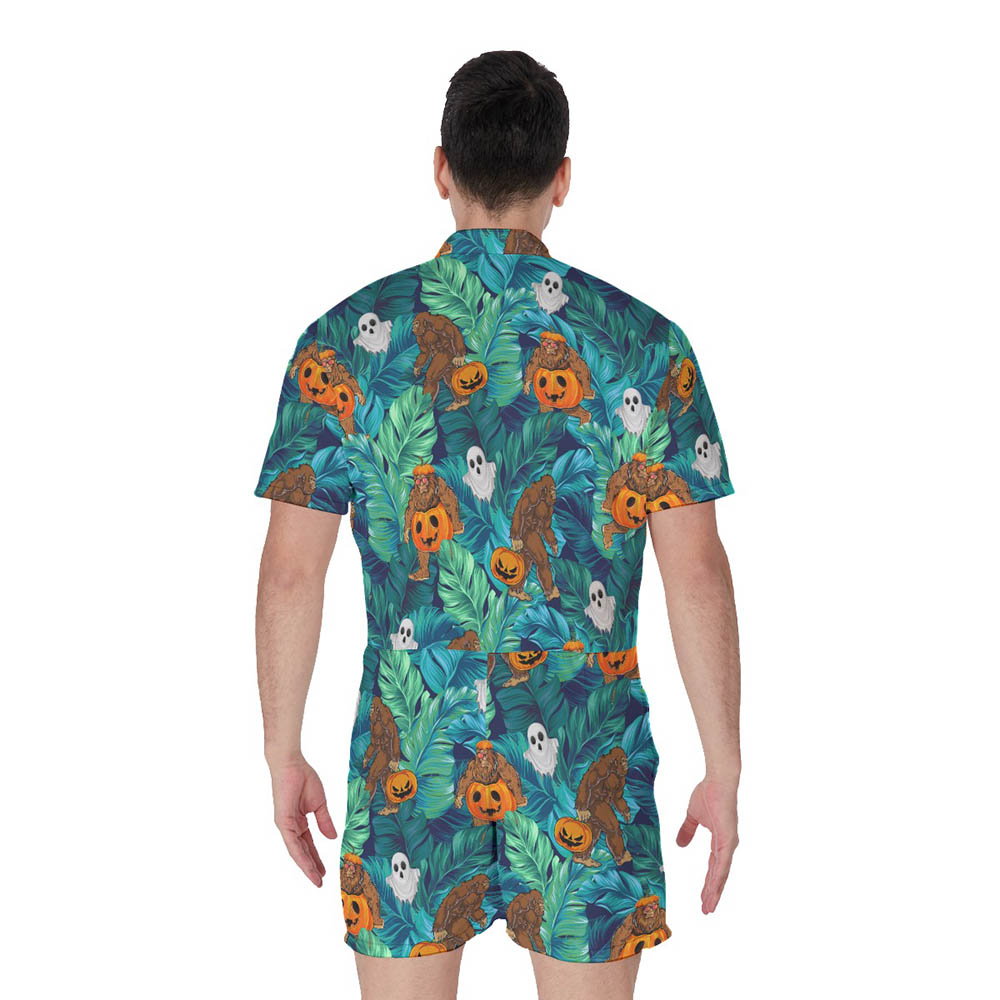 Tropical Bigfoot Jack O' Lantern Halloween Pumpkin Hawaiian Romper For Men