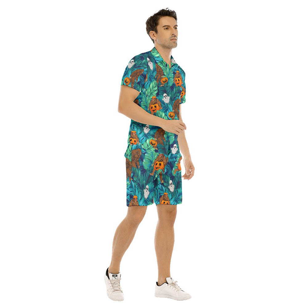Set Halloween Sasquatch Pumpkin Hawaiian Shirt And Matching Shorts For Men