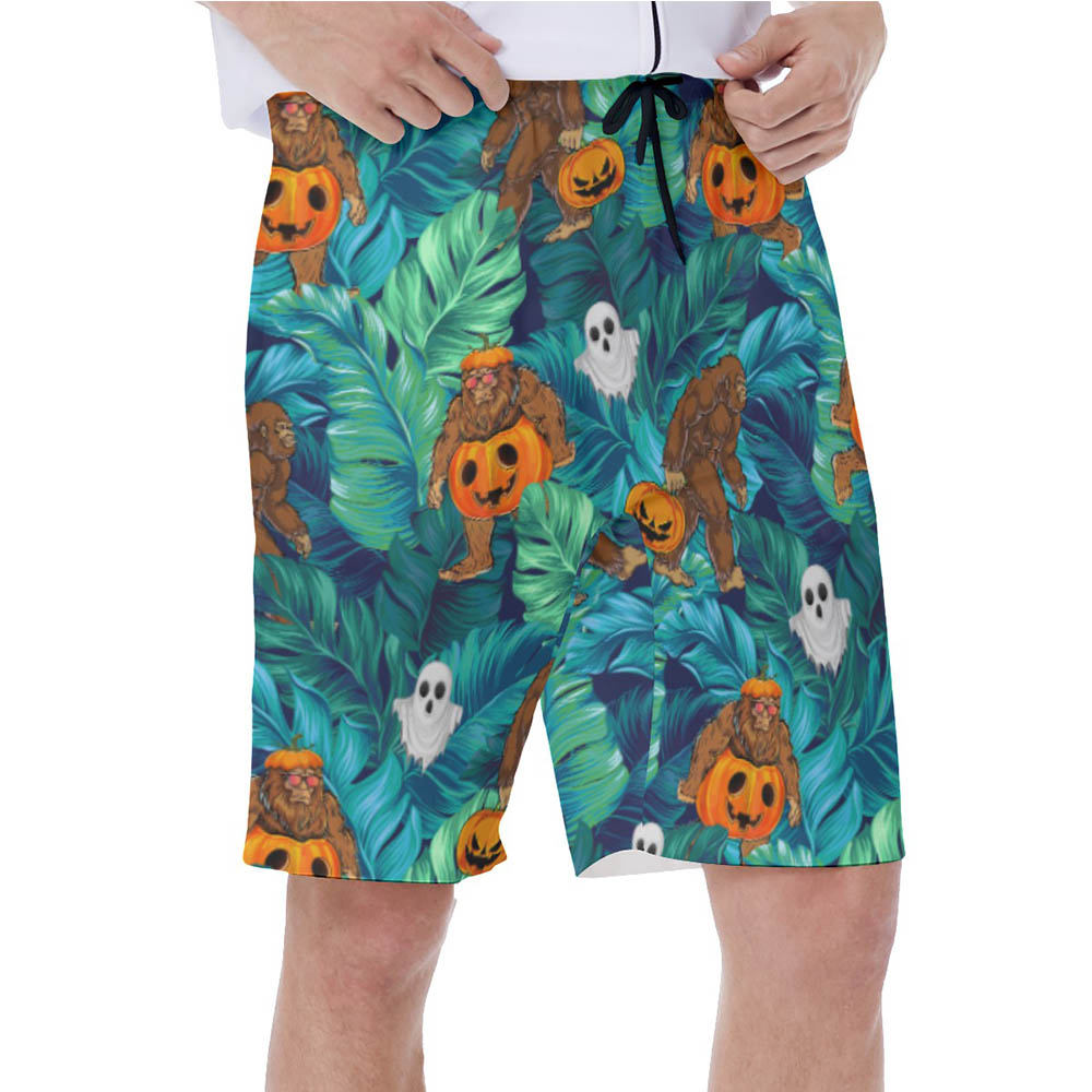 Tropical Bigfoot Halloween Pumpkin Hawaiian Swim Trunks For Men