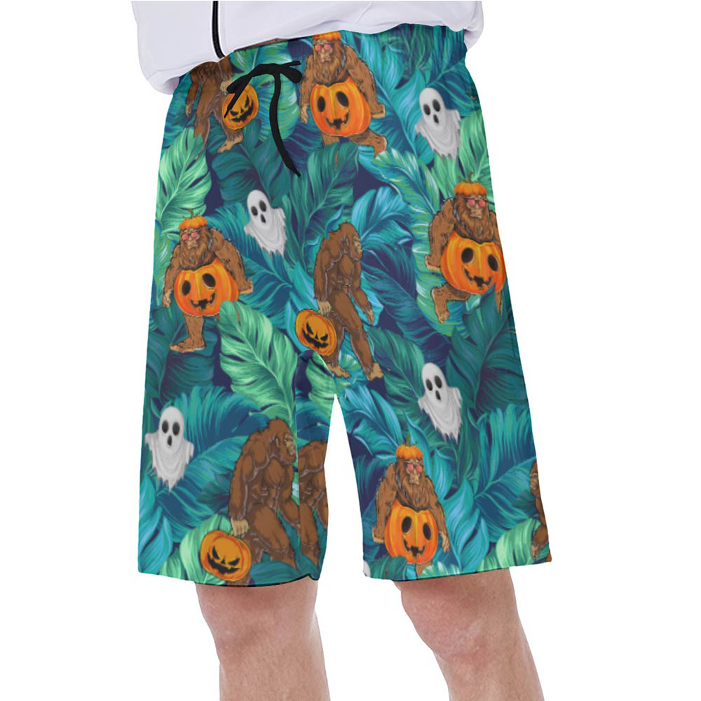 Tropical Bigfoot Halloween Pumpkin Hawaiian Swim Trunks For Men