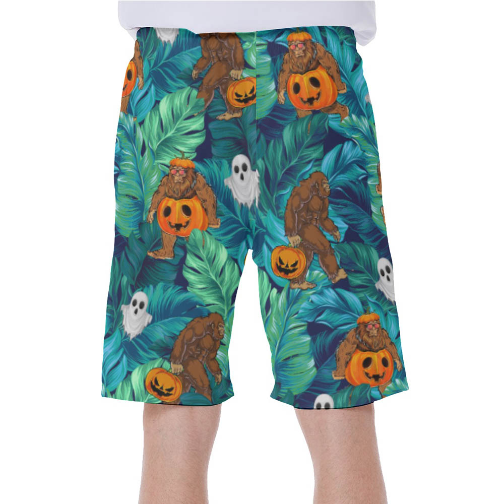 Tropical Bigfoot Halloween Pumpkin Hawaiian Swim Trunks For Men