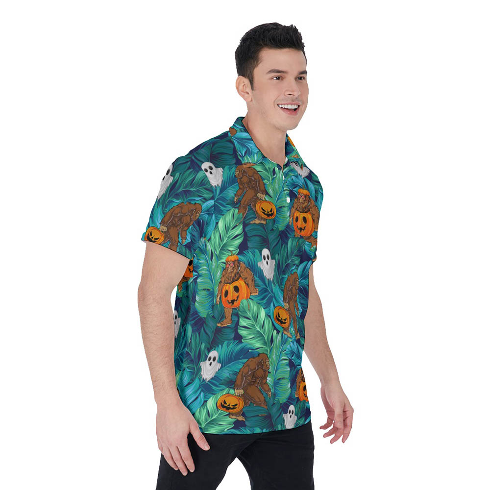 Bigfoot Pumpkin Halloween Hawaiian Polo Shirt For Men